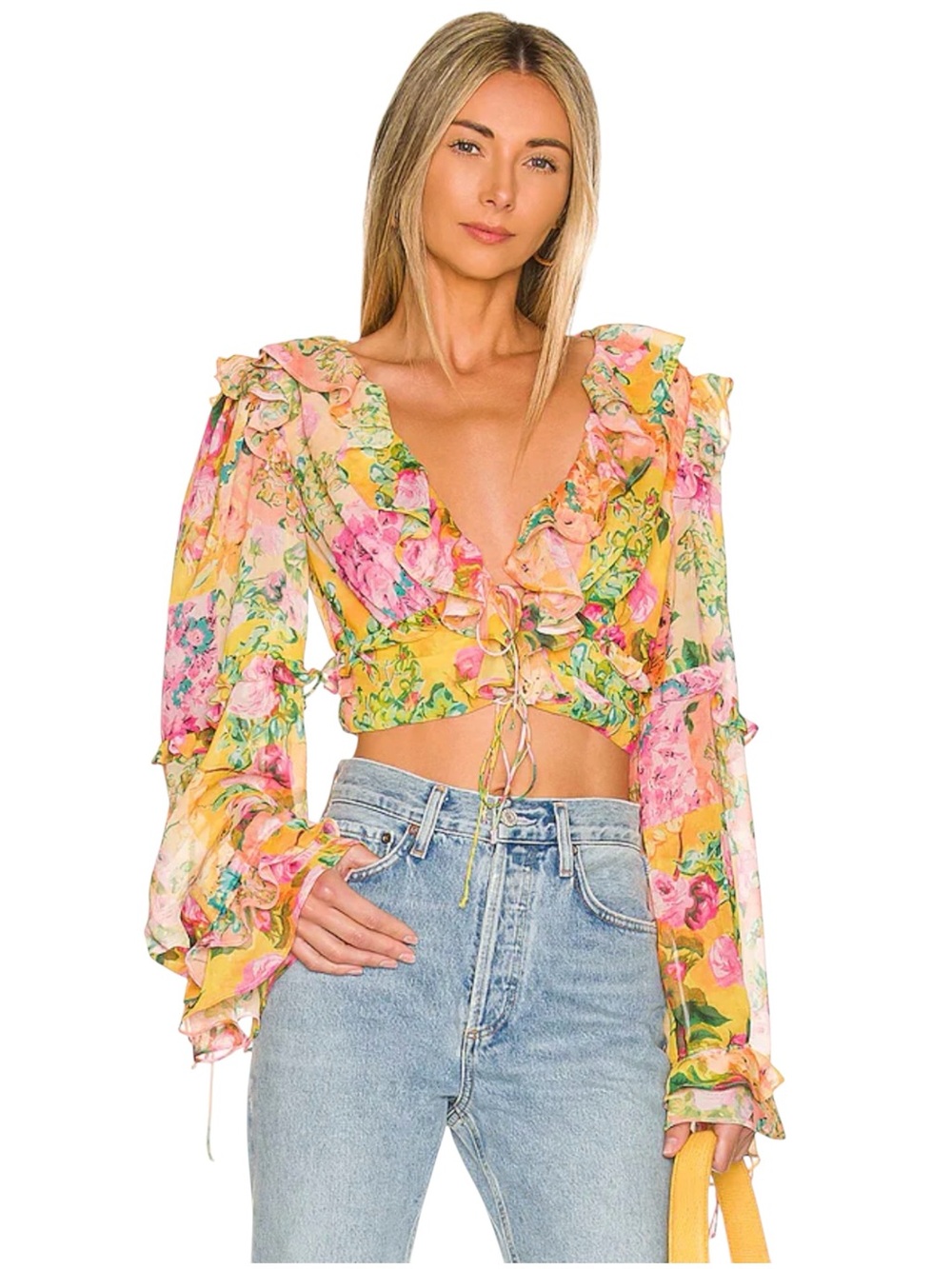 New For Love And Lemons Nina Crop Top Yellow Pink Floral Ruffle Tie-Front Top S
